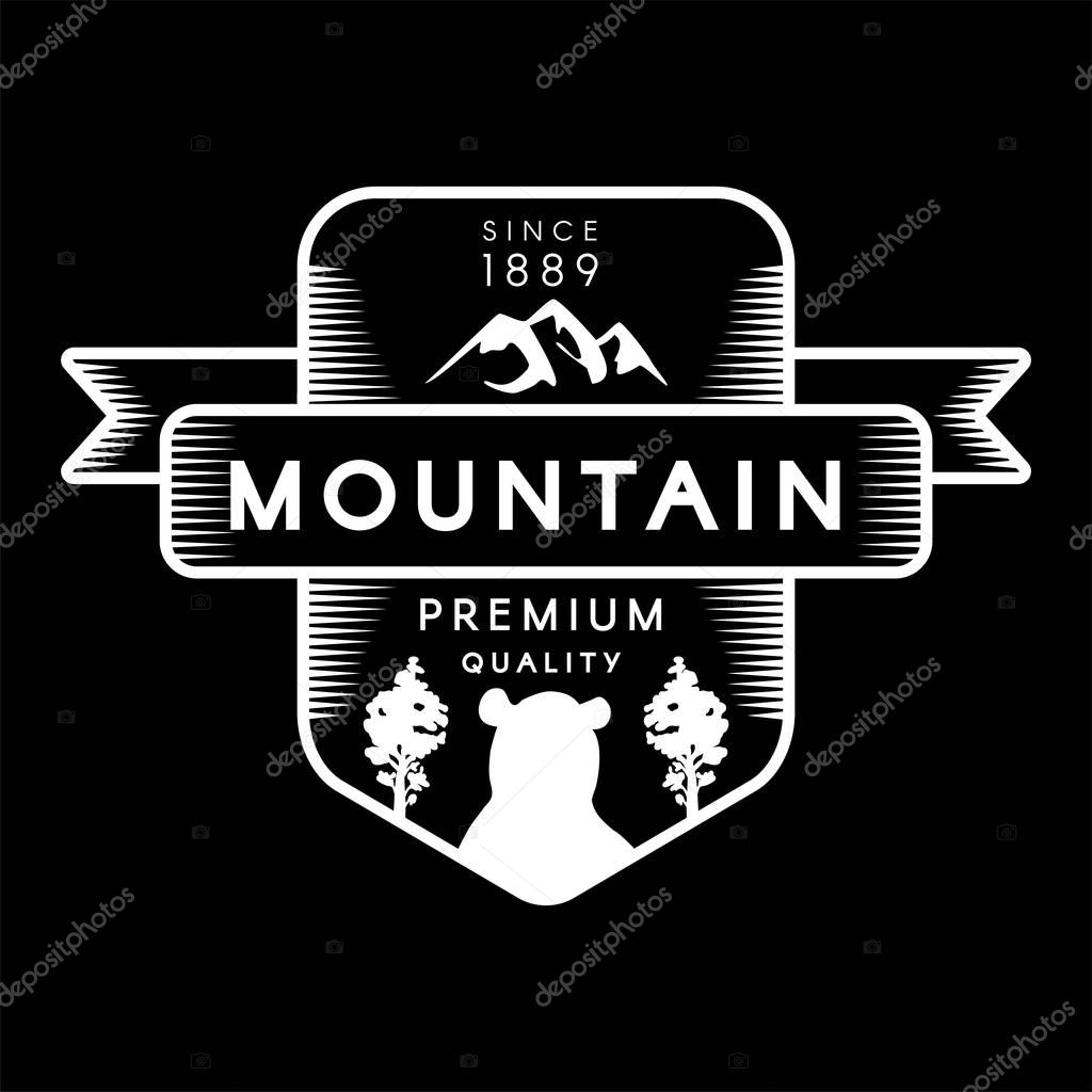 Mountain, Bear and Forest Trees Silhouettes Logo. Trademark Premium Quality on Black Background. Ribbon, Nature, Cliff and Animal Depicted on Logotype Template Vector Flat Illustration