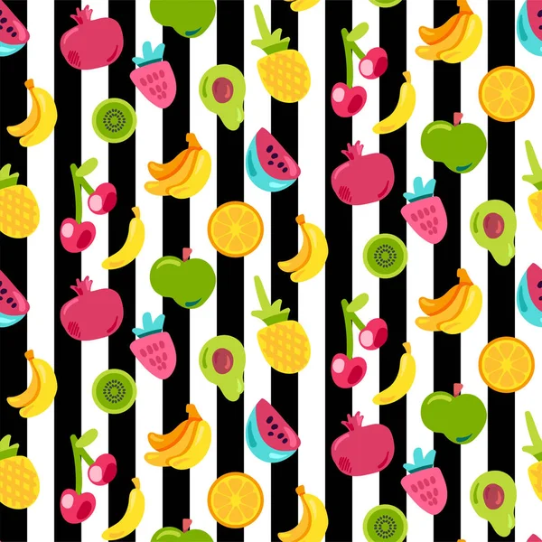 Exotic fruits on stripes seamless pattern — Stock Vector