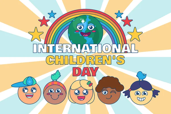 International children day holiday decoration or poster design with happy diverse kids faces. Global world event banner background. 1 june holiday festive concept. Flat vector illustration