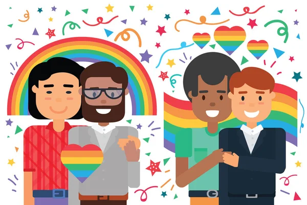 同性愛者の男性のカップルの誇り虹の背景に抱擁幸せ 漫画の愛の多様な男笑みを浮かべて ゲイの権利保護と愛の自由の概念 フラットベクトルイラスト — ストックベクタ