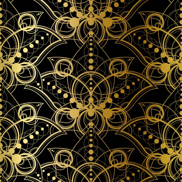 黑色背景上金光闪闪的无缝图案 仿古风格的镀金几何饰品 模板时尚纺织品奢侈品装饰 — 图库矢量图片