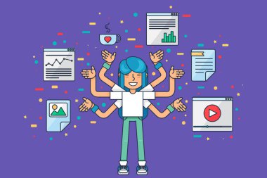 Multitask Asian girl data specialist. Female seo programmer with many hands programming many tasks. Asiatic woman software technician, Flat vector illustration