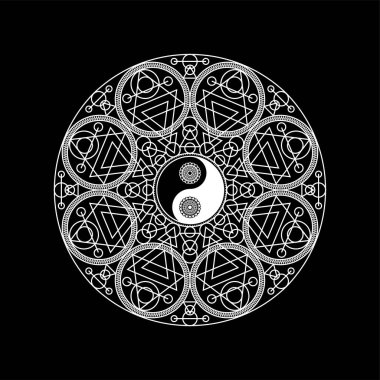 Mandala Oriental Pattern with Yin Yand Sign Outline on Black Background. Line Vector Illustration of Eastern Ornamental Element for Culture, Yoga, Tradition and Meditation