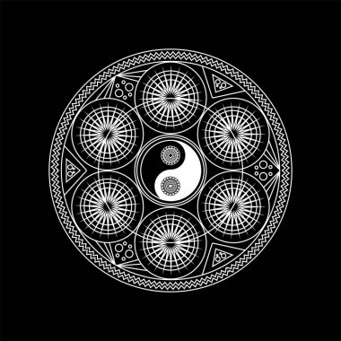 Mandala Oriental Pattern with Yin Yand Sign Outline on Black Background. Line Vector Illustration of Eastern Ornamental Element for Culture, Yoga, Tradition and Meditation