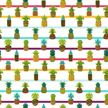 Yaz meyvesi vektör eli kusursuz desen çizdi. Çizgili arka planda ananas, tropikal tatlı.
