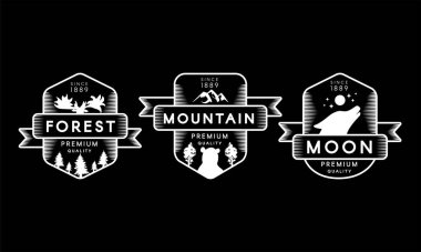 Forest, Mountain and Moon Collection Set Logo. Different Trademark Premium Quality on Black Background. Wolf, Bear and Moos Animal Silhouettes on Logotype Template Vector Flat Illustrations