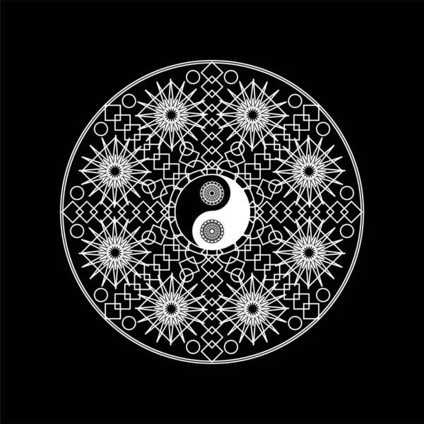 Mandala Oriental Pattern Yin Yand Sign Outline Black Background Line — Stockvector