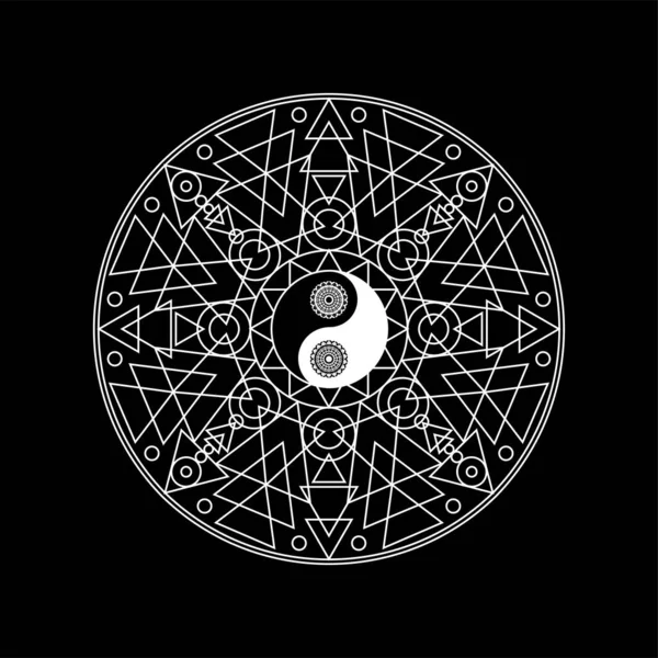 Mandala Oriental Pattern Yin Yand Sign Outline Black Background Line — Stok Vektör