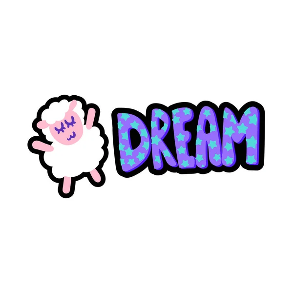 夢のレタリングステッチフレームパッチと羊 眠っている子羊のフラットステッカー ダッシュラインかわいい絵 — ストックベクタ