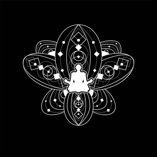 Nilüfer Yogası Logo Şablonu Siyah Arkaplan Beyaz Taslak Zen Meditasyon — Stok Vektör