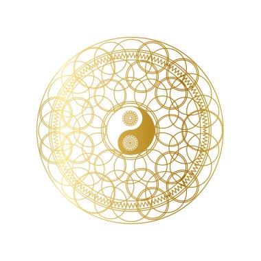 Parlak Altın Mandala ve Yin Yang işareti izole edildi.