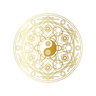 Parlak Altın Mandala ve Yin Yang işareti izole edildi.