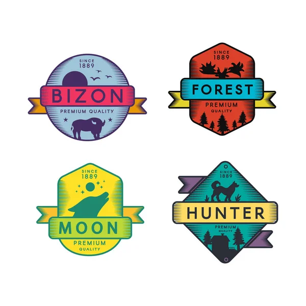 Wild Bizon und Jäger, Mond und Wald Set Logo — Stockvektor