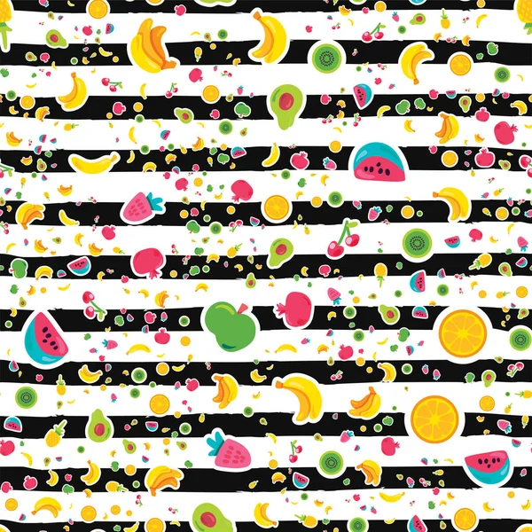 Exotic fruits on stripes seamless pattern — Stock Vector