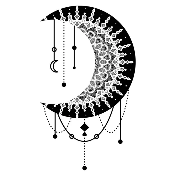 Рисунок Луны с фломастерами, мандалами и Пейсли — стоковый вектор