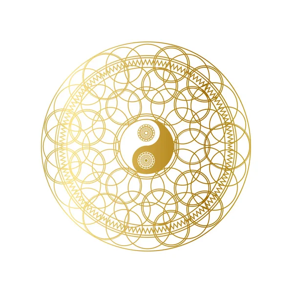 Glänzendes goldenes Mandala mit Yin Yang Zeichen isoliert — Stockvektor