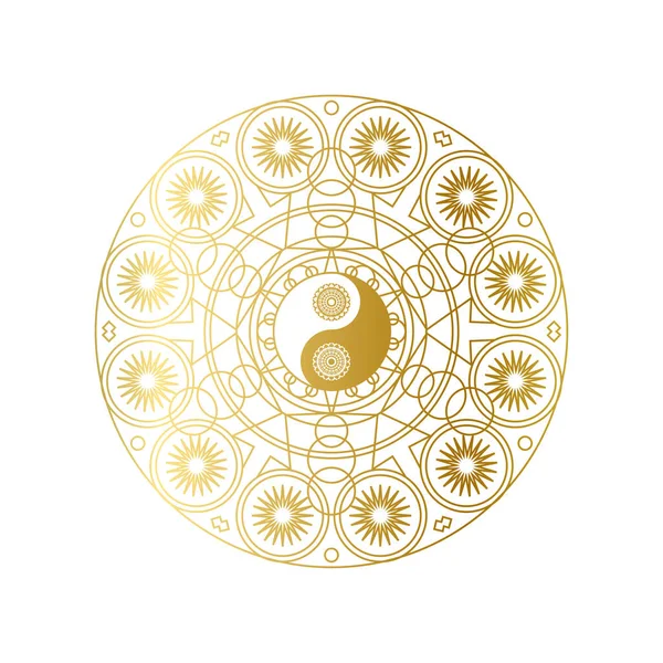 Glänzendes goldenes Mandala mit Yin Yang Zeichen isoliert — Stockvektor