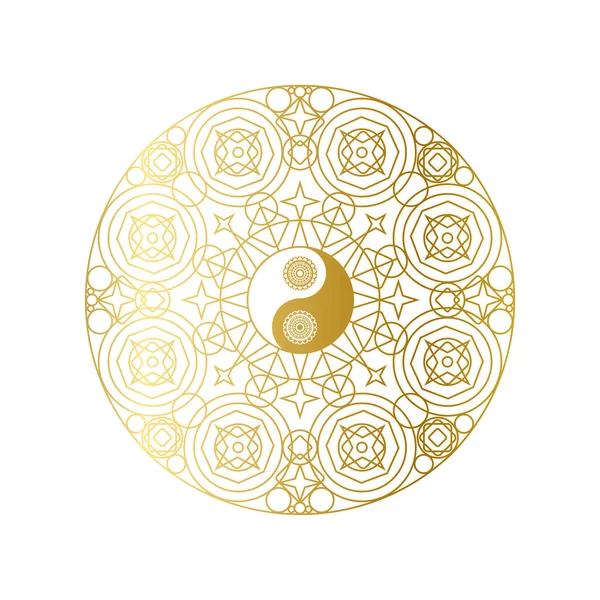 Mandala dorada brillante con Yin Yang signo aislado — Vector de stock