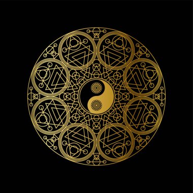 Meditasyon Simgesi Şablonu Altın Yin Yang Siyah Arkaplan Doğrusal Vektör İllüstrasyonu Mandala Tasviri. Geleneksel Doğu Sembol Tasarımı. Asya Kültür ve Denge Kavramı