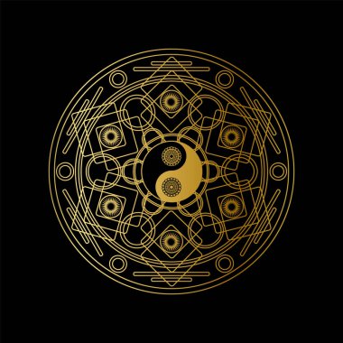 Meditasyon Simgesi Şablonu Altın Yin Yang Siyah Arkaplan Doğrusal Vektör İllüstrasyonu Mandala Tasviri. Geleneksel Doğu Sembol Tasarımı. Asya Kültür ve Denge Kavramı