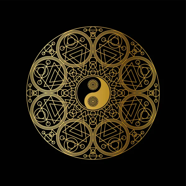 具有金银洋符号的禅修图标模板在黑背景直线矢量图上的曼达拉轮廓 传统东方符号设计 亚洲文化与平衡概念 — 图库矢量图片