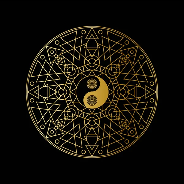 Meditasyon Simgesi Şablonu Altın Yin Yang Siyah Arkaplan Doğrusal Vektör — Stok Vektör