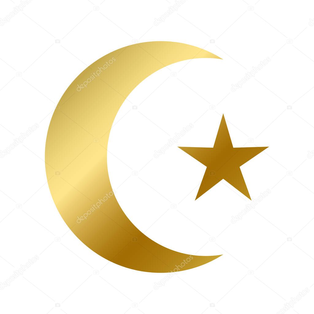 Islamic faith symbol isolated. East islam religious golden sign on white background vector design illustration. Muslim gold moon and star. Arabic religion and belief concept