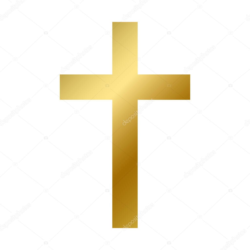 Latin cross symbol isolated. Christian religious golden sign on white background vector design illustration. Shiny christianity church cross. Religion and faith concept