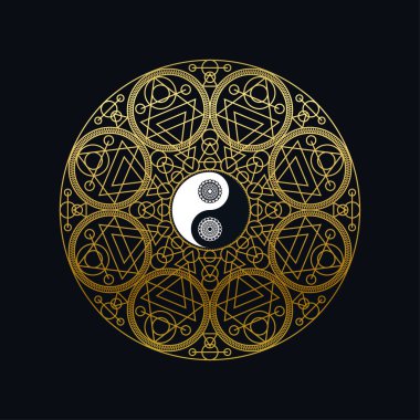 Meditasyon Simgesi Şablonu Altın Yin Yang Siyah Arkaplan Doğrusal Vektör İllüstrasyonu Mandala Tasviri. Geleneksel Doğu Sembol Tasarımı. Asya Kültür ve Denge Kavramı