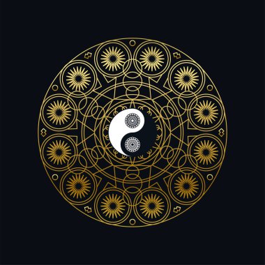 Meditasyon Simgesi Şablonu Altın Yin Yang Siyah Arkaplan Doğrusal Vektör İllüstrasyonu Mandala Tasviri. Geleneksel Doğu Sembol Tasarımı. Asya Kültür ve Denge Kavramı