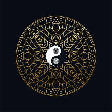Meditasyon Simgesi Şablonu Altın Yin Yang Siyah Arkaplan Doğrusal Vektör İllüstrasyonu Mandala Tasviri. Geleneksel Doğu Sembol Tasarımı. Asya Kültür ve Denge Kavramı