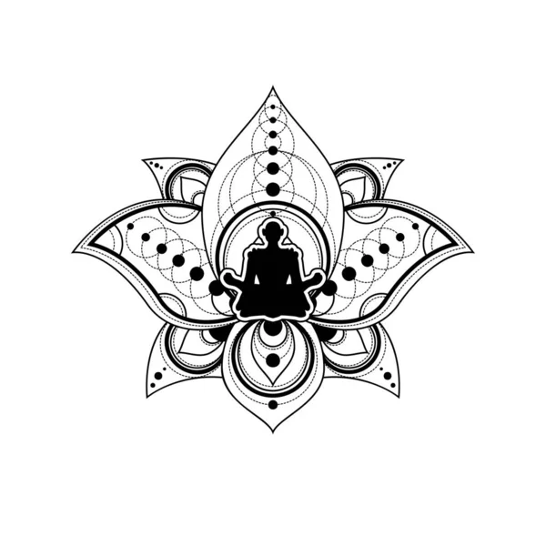 蓮の花ベクトルテンプレートと人間シルエット ヨガラベル白の背景に蓮の中の女性の瞑想と隔離されました リラクゼーション ウェルネス ロゴイラスト — ストックベクタ