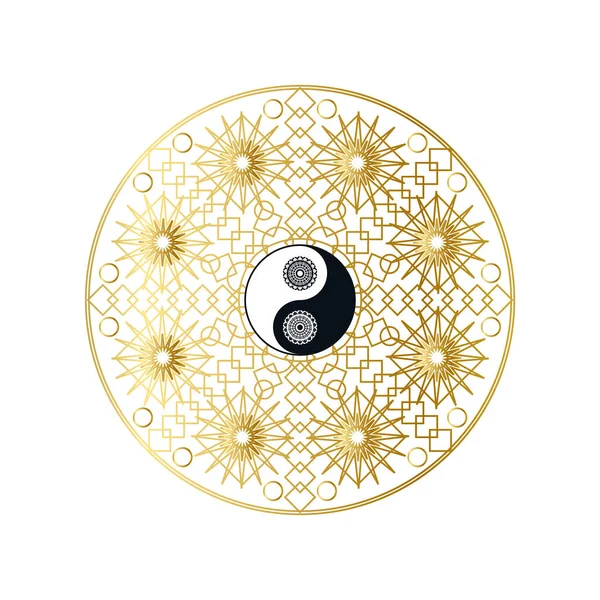 Glanzende Gouden Mandala Met Yin Yang Teken Geïsoleerde Template Vector — Stockvector