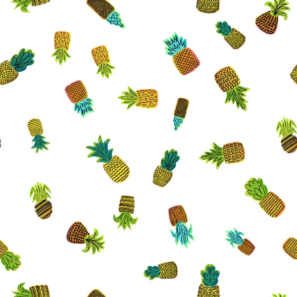 Pineapples Vector Hand Drawn Seamless Pattern Tropical Exotic Fruits White — Stock Vector