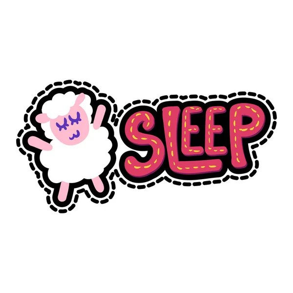 睡眠レタリングパッチと羊 ステッチ付きフレームフラットステッカー ダッシュライン眠い子羊の描画 — ストックベクタ