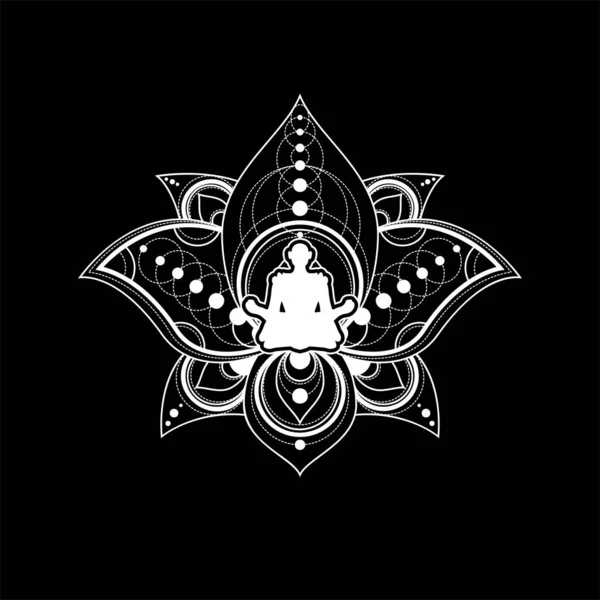 Nilüfer Yogası Logo Şablonu Siyah Arkaplan Beyaz Taslak Zen Meditasyon — Stok Vektör