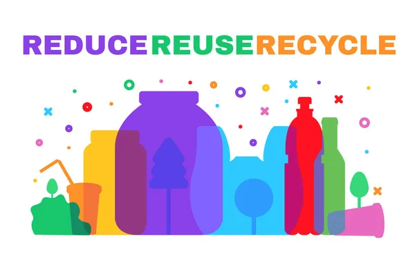 塑料废物危险 地球污染与生态保护概念 生长在塑料瓶 罐和罐中的树 重用和循环模板平面向量说明 — 图库矢量图片