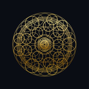 Altın mürekkep geometrik mandala doğrusal vektör çizimi. Siyaha izole edilmiş etnik oryantal sembol
