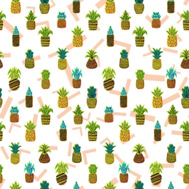 Tüm ananas vektörü kusursuz desen. Yaz sulu meyveler, tropikal duvar kağıdı, memphis arkaplanlı tekstil tasarımı.