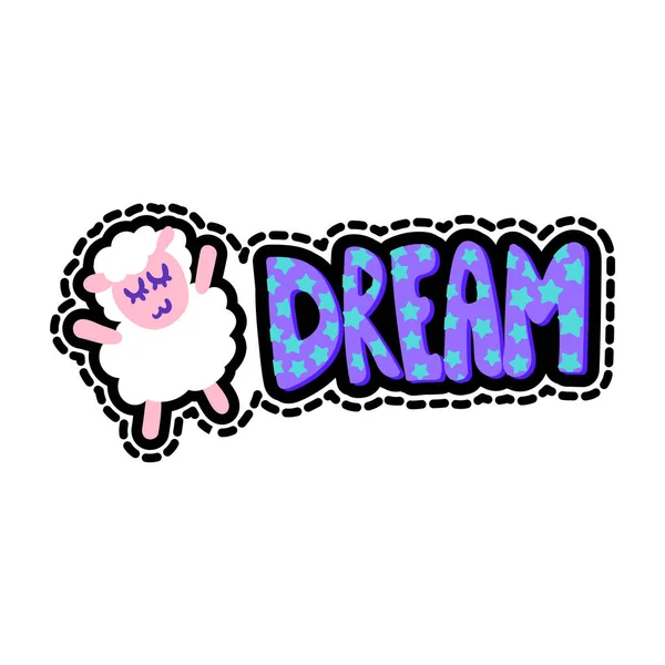 睡眠羊のステッチフレームパッチ 夢の文字フラットステッカー ダッシュラインかわいいイラスト — ストックベクタ
