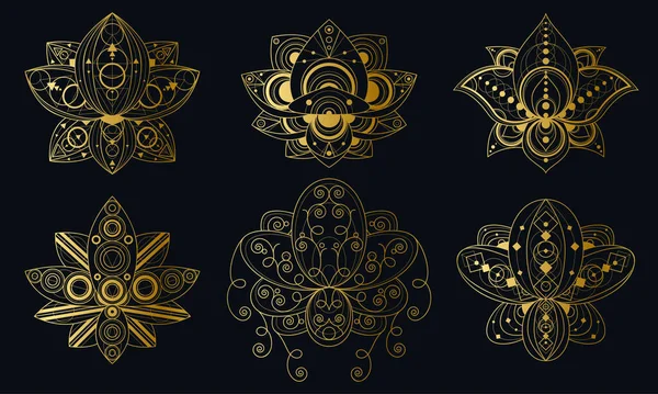 幾何学的な装飾線形イラストがセットされた蓮の花 インドの神聖なシンボルパック — ストックベクタ