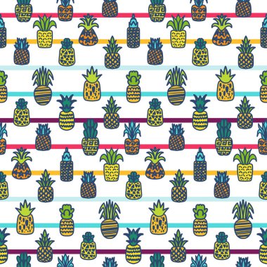 Yaz meyvesi vektör eli kusursuz desen çizdi. Çizgili arka planda ananas, tropikal tatlı.