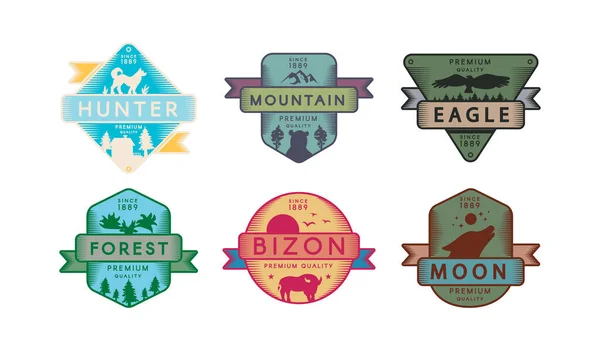 Colección Insignias Animales Naturaleza Logotipo Marcas Colores Brillantes Hunter Montaña — Archivo Imágenes Vectoriales