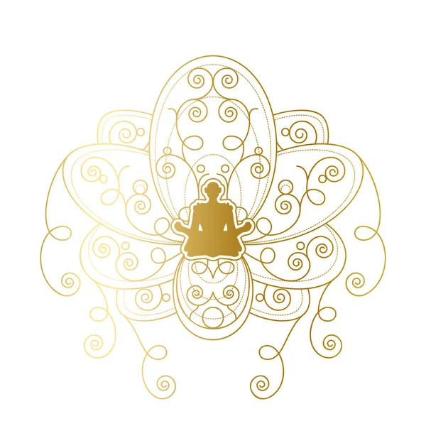 Yoga Meditazione Label Design Silhouette Femminile Golden Lotus Pose Template — Vettoriale Stock