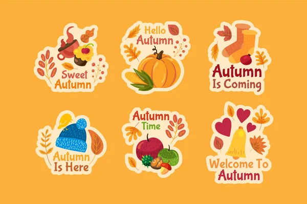 Aufkleberset Herbst Vorhanden Nette Cartoon Herbst Etiketten Auf Orangefarbenem Hintergrund — Stockvektor
