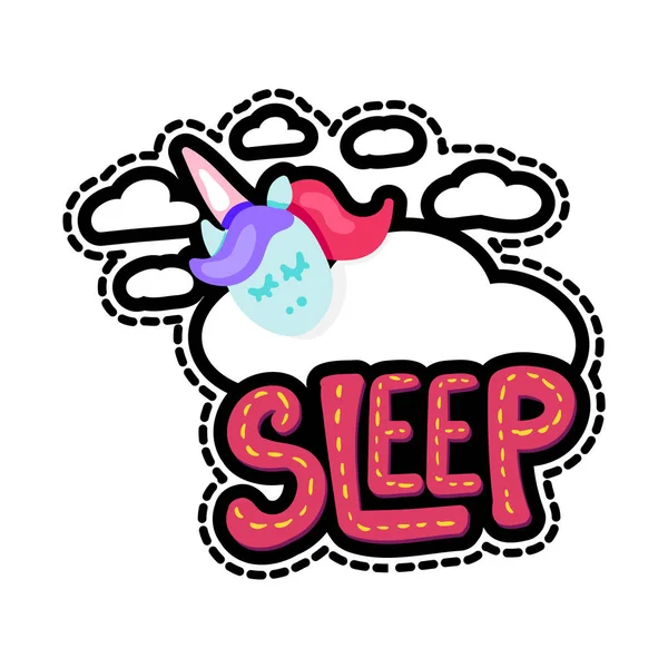 ユニコーンに睡眠レタリングパッチ おやすみのステッチフレームフラットステッカー ダッシュライン図面 — ストックベクタ
