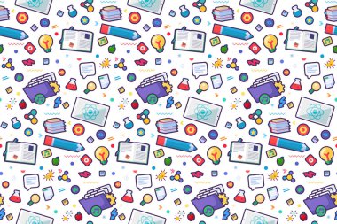 Kalem, açık kitaplar, ders kitapları ve bilim simgeleri gibi karalama aletleriyle okula geri dönüyoruz. Eğitim unsurları arka plan şablonu. Öğrenme konsepti. Vektör illüstrasyonu