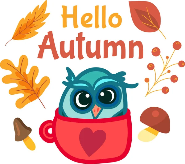 Cartoon Herbst Sticker Vorlage Mit Eule Niedlicher Tasse Kreatives Saisonales — Stockvektor