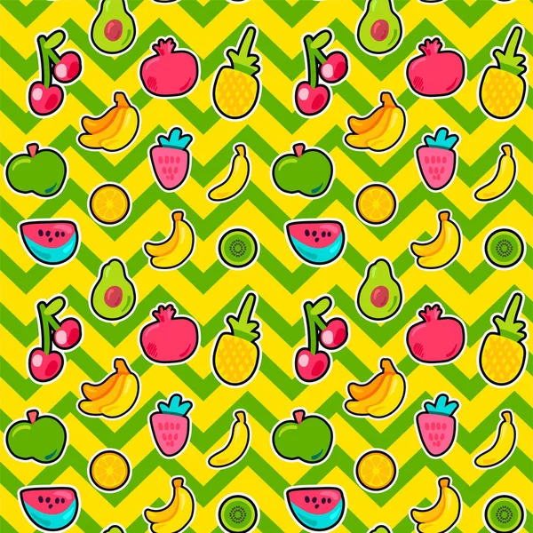 夏の果物ベクトルシームレスパターン トロピカルフルーツ 鮮やかなジグザグの背景に甘い果実 — ストックベクタ