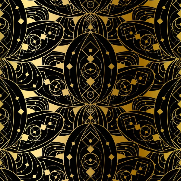 带渐变几何装饰的金无缝图案设计 黑色背景的抽象时尚印花 模板矢量装饰 华丽奢华古风 — 图库矢量图片